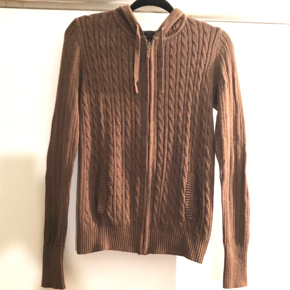 BROWN CABLE KNIT ZIP UP HOODED CARDIGAN, MEDIUM